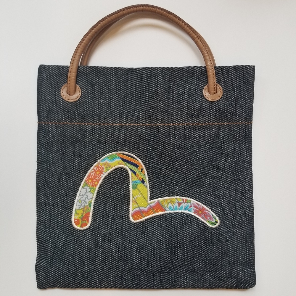 Vintage Evisu Custom Made Small Denim Tote with Floral Gull